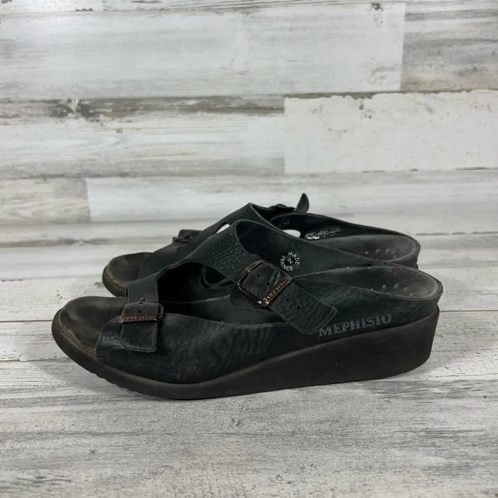 Mephisto Women's Sandals Mid Heel Slip On Buckle Leather Strap Black Size‎ 9